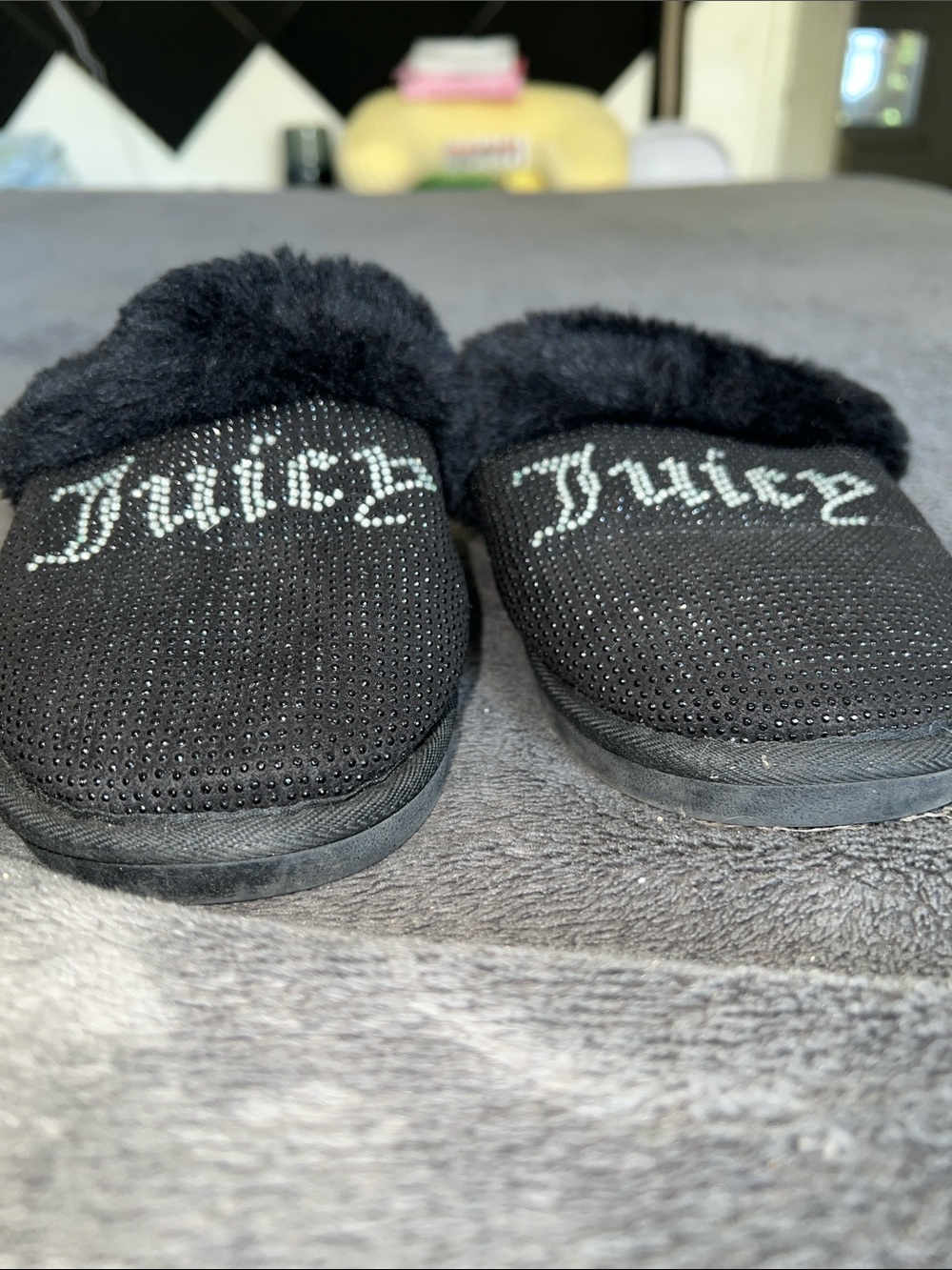 Juicy Couture Black Faux-Fur Slide Slippers with Crystal 'Juice' Script
